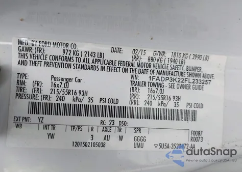 2015 Ford Focus Se z USA, uszkodzony, nr VIN 1FADP3K22FL233257